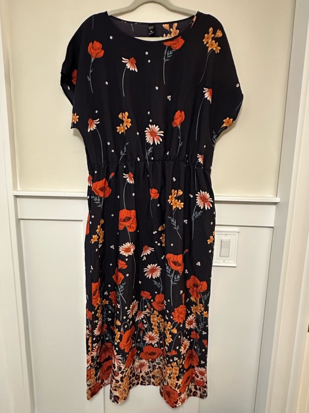 NAVY BLUE Floral Maxi Dress with Orange & Cream Blooms with Pockets